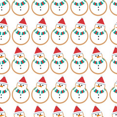 Vector seamless Christmas pattern with cookies in the shape of a snowman on a white background.