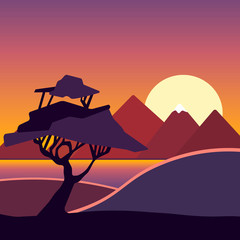 Fototapeta na wymiar Vector illustration with autumn landscape background. Flat poster of a sunset over the mountains and trees on the hill.