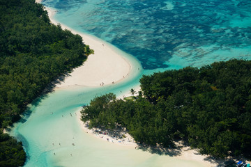 Aerial picture of l’île aux Cerfs in the turquoise lagoon of Mauritius tropical island 