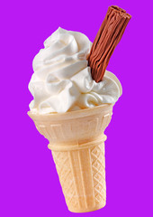VANILLA ICE CREAM CONE WITH CHOCOLATE FLAKE ON PURPLE