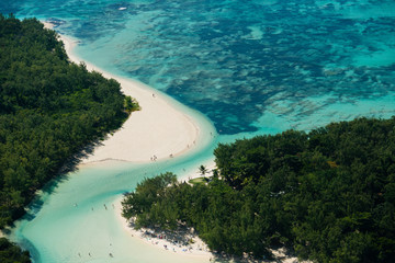 Aerial picture of l’île aux Cerfs in the turquoise lagoon of Mauritius tropical island 
