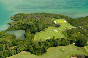 Aerial picture of golf course of l’île aux cerfs in Mauritius island