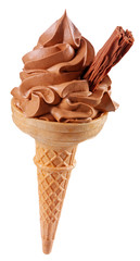 CHOCOLATE ICE CREAM IN CONE WITH CHOCOLATE FLAKE ON WHITE
