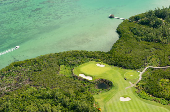 Aerial picture of golf course of l’île aux cerfs in Mauritius island