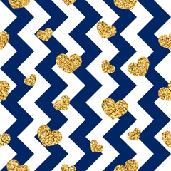Gold heart seamless pattern. Blue-white geometric zig zag, golden confetti-hearts. Symbol of love, Valentine day holiday. Zigzag design wallpaper, background, texture. Vector illustration