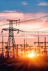 High-voltage power lines. Electricity distribution station. high voltage electric transmission...