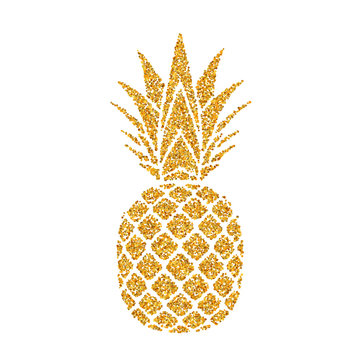 Pineapple golden with leaf. Tropical gold exotic fruit isolated white background. Symbol of organic food, summer, vitamin, healthy. Nature logo. Design element silhouette icon. Vector illustration