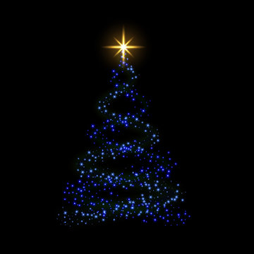 Christmas tree 3d card background. Blue Christmas tree as symbol of Happy New Year, Merry Christmas holiday celebration. Sparkle light decoration. Bright shiny star design. Vector illustration