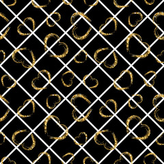 Gold heart seamless pattern. Black-white geometric stripes, golden grunge confetti-hearts. Symbol of love, Valentine day holiday. Design wallpaper, background, fabric texture. Vector illustration