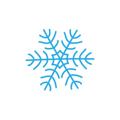 Snowflake icon. Blue silhouette snow flake sign, isolated on white background. Flat design. Symbol of winter, frozen, Christmas, New Year holiday. Graphic element decoration. Vector illustration