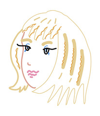 Girl with blond hair. Pretty portrait for design, prints, posters, logos. Cute cartoon character. Bright yellow hair, black lashes, pink lips, nice hairstyle, wavy hair.