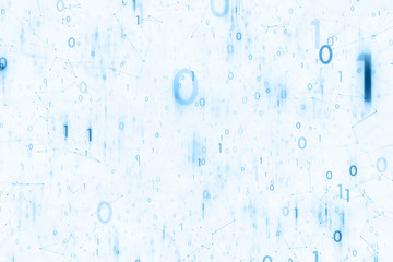 Computer network with binary numbers, lines and dots illustration on white background. Selective focus used.