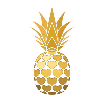 Pineapple golden sign with hearts for t-shirt. Tropical gold exotic fruit isolated white background. Love sign. Cute romantic typography graphic. Sweet summer design decoration. Vector illustration