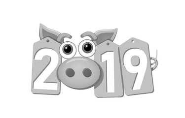 Happy New Year background. Pig face, silver sale tags. 2019 flat numbers. Piggy snout. Chinese design decoration, celebration card, Christmas discount. Cartoon piglet nose. Vector Illustration