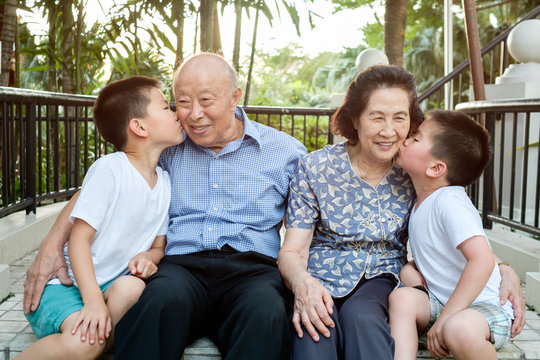 Grandchildren Kissing Grandparents Outdoors