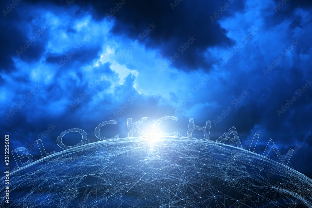 Aufkleber artistic network sphere with blockchain word illustration on dark cloudy sky background.