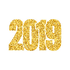 Happy New Year shiny gold number 2019. Golden glitter digits isolated on black background. Shiny glowing design, light sparkle for Christmas celebration, greeting card, poster. Vector illustration