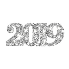 Happy New Year silver number 2019. Silvery glitter digits isolated on white background. Shiny glowing design. Light sparkle Christmas celebration, greeting card, holiday poster. Vector illustration