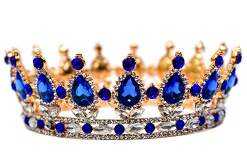 Gold crown with blue jewel of precious stones.