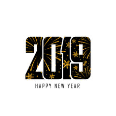 Happy new year card. Black number 2019 with gold snowflakes, isolated white background. Golden firework. Bright design for holiday celebration, greeting text, Christmas banner. Vector illustration