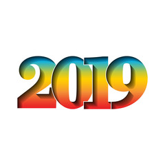 Happy new year card. 3D number 2019 with rainbow gradient texture, isolated white background. Bright graphic design holiday celebration, greeting text, Christmas banner decoration. Vector illustration