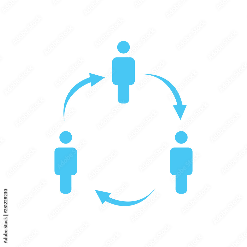 Poster structure of company icon, three people in circle, business report concept. hierarchy with arrows in