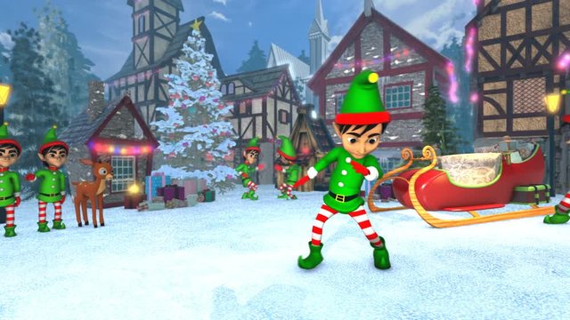 Cute elf dancing salsa in a Christmas village. Seamless funny Christmas animation.