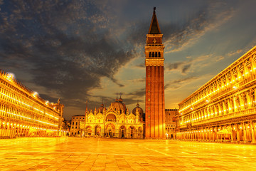 Piazza San Marco in Venice, evening view in lights