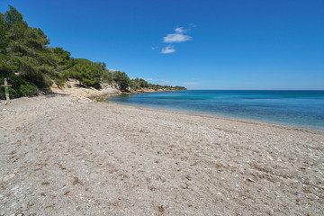 Spain beach on the Costa Dorada, Platja de l'Aliga, Mediterranean sea, Catalonia, L'Ametlla de Mar, Tarragona