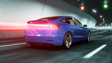 Modern Electric car rides through tunnel with Gray Cyan light style 3d rendering