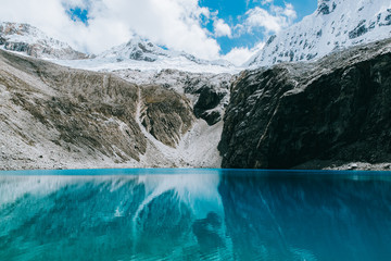 Scenic view of lake with snowcapped mountains in background