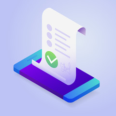 Blockchain, smart contract concept. Online business with digital signature. 3d isometric illustration.