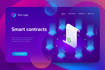 Blockchain, smart contract concept. Online business with digital signature. 3d isometric illustration. Landing page template