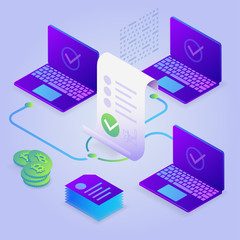 Blockchain, smart contract concept. Online business with digital signature. 3d isometric illustration.