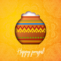 Pongal pot. Celebration design. South Indian harvest festival background. Vector illustration. Pongal rice in a traditional mud pot