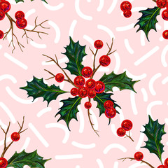 Seamless pattern with Christmas holly berries. Holiday background. Perfect for wallpapers, pattern fills, web page backgrounds, surface textures, textile