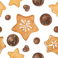 Sweet winter pattern with chocolates and cookies