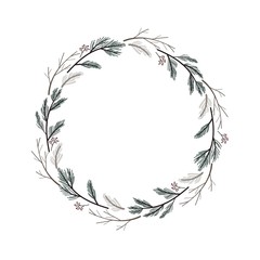 Hand drawn winter nature wreath of pine branches and berries. Vector illustration.