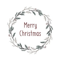 Merry Christmas. Hand drawn winter wreath of pine branches. Nature vector illustration.