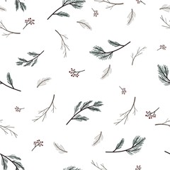 Winter nature seamless pattern. Pine branches and berries. Vector background. Wrapping paper.