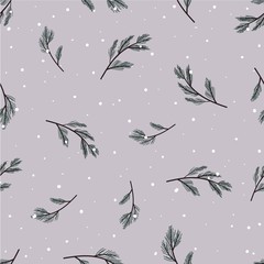 Winter nature seamless pattern. Pine branches on snowy background.  Vector. Wrapping paper.