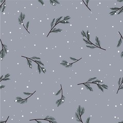 Pine branches and snow drops seamless pattern. Winter nature vector background. Wrapping paper.