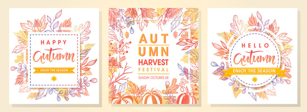 Autumn seasonals postes with autumn leaves and floral elements in fall colors.Autumn greetings cards perfect for prints,flyers,banners,invitations,promotions and more.Vector autumn illustration..