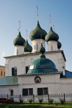 Architecture of Yaroslavl town, Russia. Old orthodox church in historical city center. Color photo.