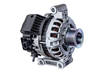 car alternator with shallow depth of field on white background - obrazy, fototapety, plakaty