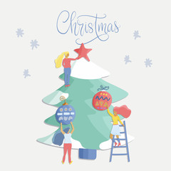 Small girl characters decorate Christmas tree. Flat style vector illustration.