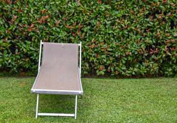 Primo piano di un lettino da spiaggia sul prato di un giardino con una siepe verde nello sfondo,...