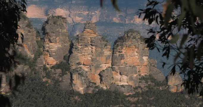 The Three Sister Mountains Closeup Perspective Through Gumtrees, Blue Mountains 