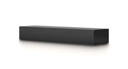 Black long horizontal thin blank box from top side far angle. 3D illustration isolated on white background.