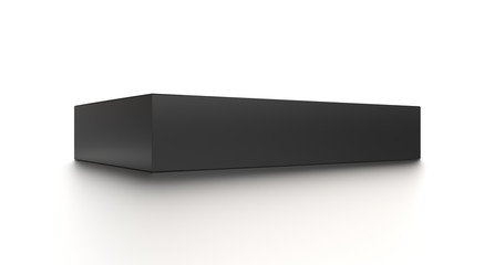 Black horizontal thin blank box from front side angle. 3D illustration isolated on white background.
